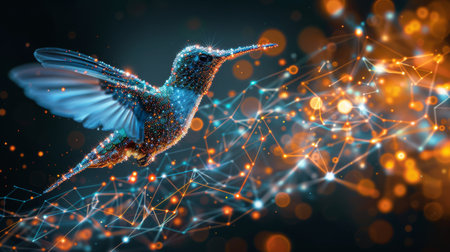 A bird in flight against a blurry backdrop, showing its graceful movement through the air.の素材