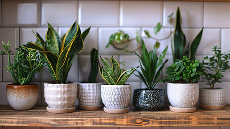 Multiple potted plants arranged neatly on a wooden shelf.の素材