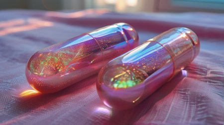 Close-up of two glossy pill bottles resting on a bed surface.の素材