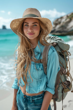 A woman standing on the beach with a backpack on her back, looking out at the ocean.の素材