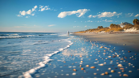A person standing on the sandy beach next to the ocean, with waves crashing in the background.の素材