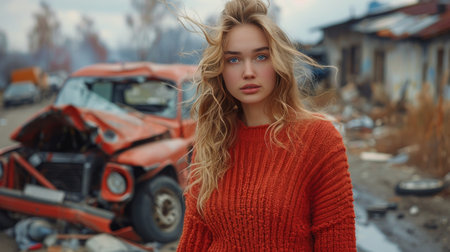 A woman standing solemnly in front of a severely damaged car in a desolate area.の素材