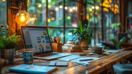 A laptop computer placed on top of a wooden table in a room.の素材