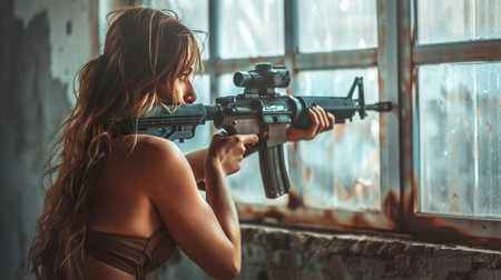A beautiful woman stands in a field, holding a gun.の素材