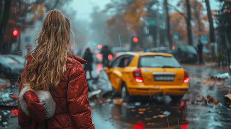 A woman walking down a busy city street with a backpack on her back. She is surrounded by buildings and pedestrians, blending into the urban environment.の素材