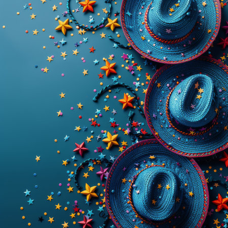 Three hats featuring stars displayed on a vibrant blue backdrop.の素材