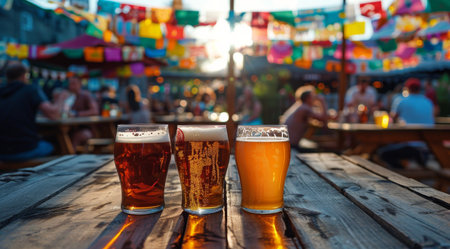 Three glasses of beer are placed on top of a wooden table.の素材