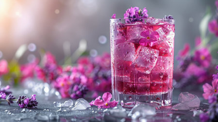 Two transparent glasses filled with ice cubes and delicate lavender flowers, creating a refreshing and aesthetically pleasing sight.の素材