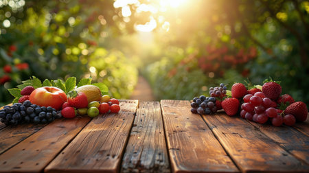 Various fruits arranged neatly on a wooden table, showing a variety of colors, shapes, and textures.の素材