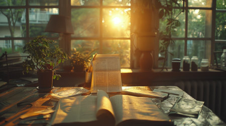 An open book lies on top of a wooden table, ready to be read or studied.の素材