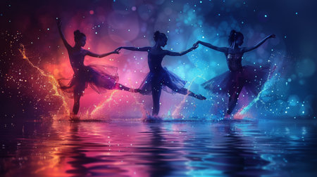 Group of dancers gracefully performing in shallow water, showing fluid movements and synchronized steps.の素材