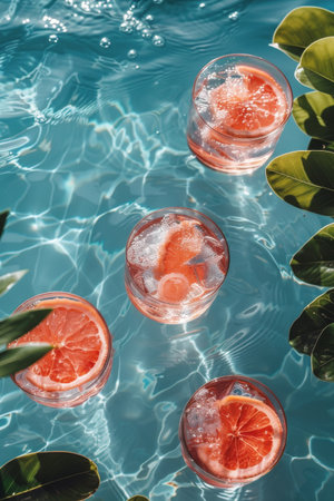Three glasses filled with water, each containing a grapefruit slice floating inside.の素材