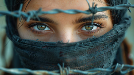 Close-up view of a person wearing a hood with barbed wire wrapped around their head.の素材