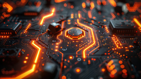 Detailed view of a computer circuit board showing intricate circuits, microchips, and electrical components.の素材