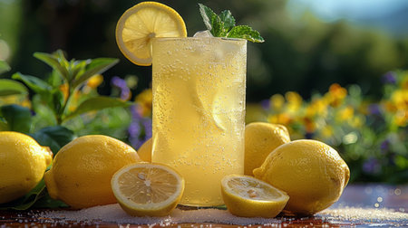 Two mason jars filled with lemonade sitting on a table outdoors.の素材