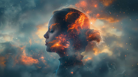 A womans profile is depicted against a backdrop of twinkling stars filling the space around her.の素材