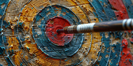A detailed close-up of a dart hitting the center of a target with accuracy and precision.の素材