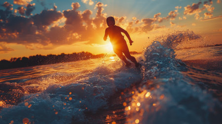 A man skillfully rides a wave on top of a surfboard, balancing as he navigates the curling water.の素材