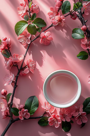 A white cup rests on a pink surface, creating a simple yet striking visual contrast.の素材