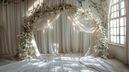 A decorative white wedding arch covered in blooming flowers and lush greenery, creating a beautiful and festive backdrop for a wedding ceremony.の素材