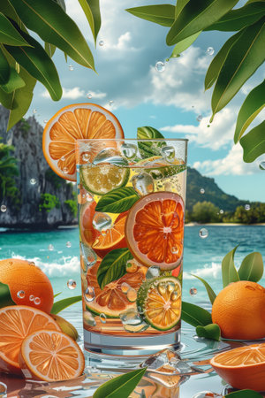 A painting depicting ripe oranges next to a glass of water on a table.の素材