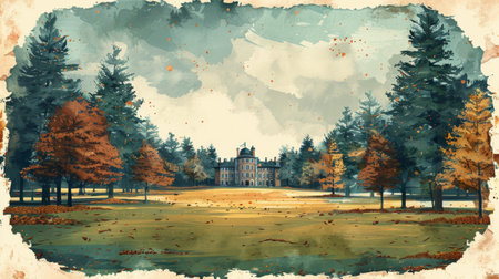 A painting featuring a house nestled among lush green trees in a scenic countryside setting.の素材