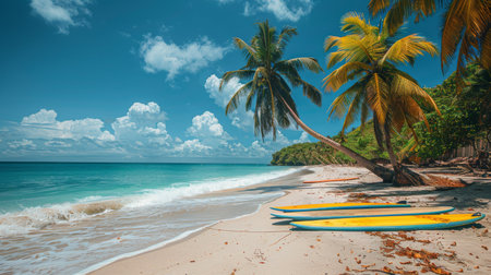 Two surfboards are propped against a palm tree on a sandy beach, under a clear blue sky.の素材
