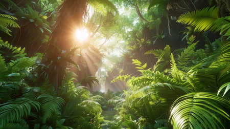 The suns rays shine through the dense canopy of trees in the forest, illuminating the foliage and creating a dappled effect on the ground.の素材