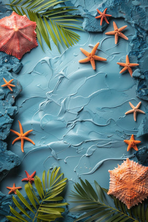 A blue cake adorned with starfish and palm leaves, creating a tropical beach-themed dessert.の素材