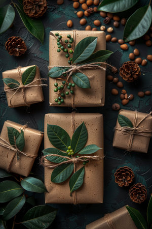Four presents wrapped in colorful paper with green leaves arranged on top of them.の素材