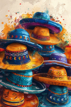 An acrylic painting depicting a neat stack of colorful sombreros, showing the traditional Mexican headpiece.の素材