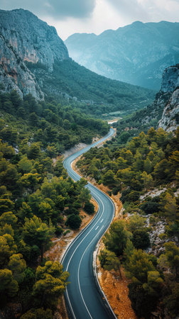 A winding road means through a spectacular mountain range, showcasing the rugged terrain and scenic vistas.の素材