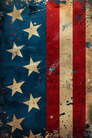 American flag prominently displayed on the side of a building, showing patriotism and national pride.の素材