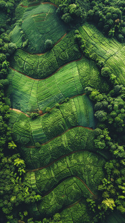 Aerial perspective of a dense green forest with abundant foliage and tall trees.の素材