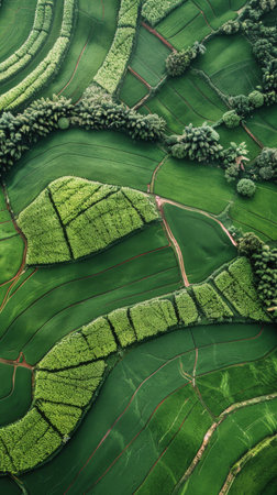 A hillside covered in dense greenery, with numerous trees dotting the landscape.の素材