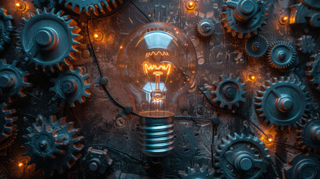 A clear light bulb with visible gears inside, depicting a concept of technology and innovation.の素材