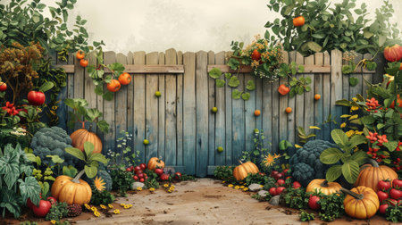 A detailed painting depicting a garden filled with colorful flowers and a house in the background.の素材