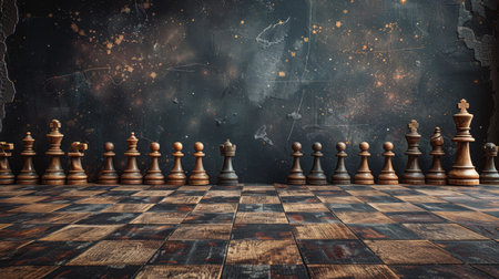 Chess pieces arranged on a sleek marble table ready for a strategic game.の素材