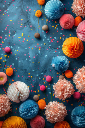 Colorful paper flowers and pom poms arranged on a bright blue background, creating a vibrant and cheerful display.の素材