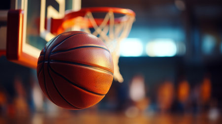 A basketball resting on the vibrant lines and wooden floor of a basketball court.の素材