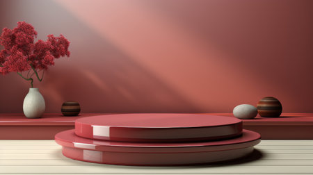 A room filled with red benches against a red wall.の素材