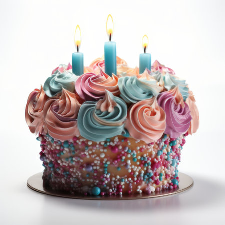A three-tiered cake with lit candles on top, ready for a celebration.の素材