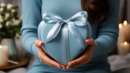 A woman holding a heart-shaped box with a bow in her hands.の素材