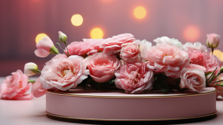 Pink flowers in close up view, resting on a table surface.の素材