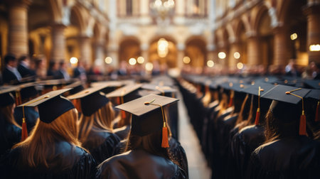 A group of individuals wearing graduation caps and gowns, celebrating their academic achievements.の素材