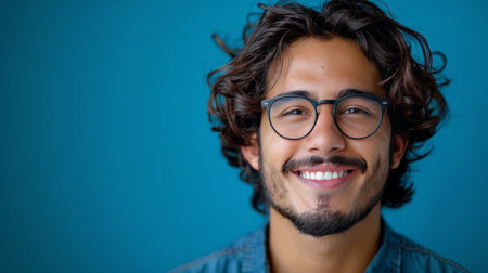 A man with glasses and a beard smiling.の素材