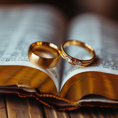 Two shiny wedding rings placed on top of an opened book, symbolizing love and commitment in marriage.の素材