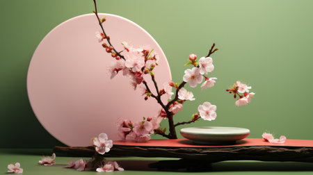 A vase filled with pink flowers sits on a table next to a plate.の素材