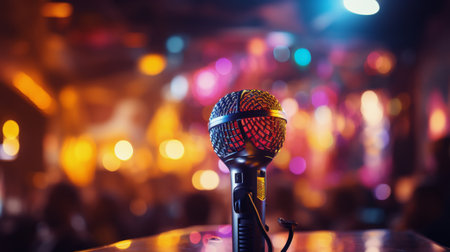 A microphone placed on top of a wooden table.の素材
