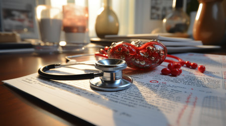A stethoscope is positioned neatly on a medical chart, indicating a doctors examination or diagnosis process.の素材